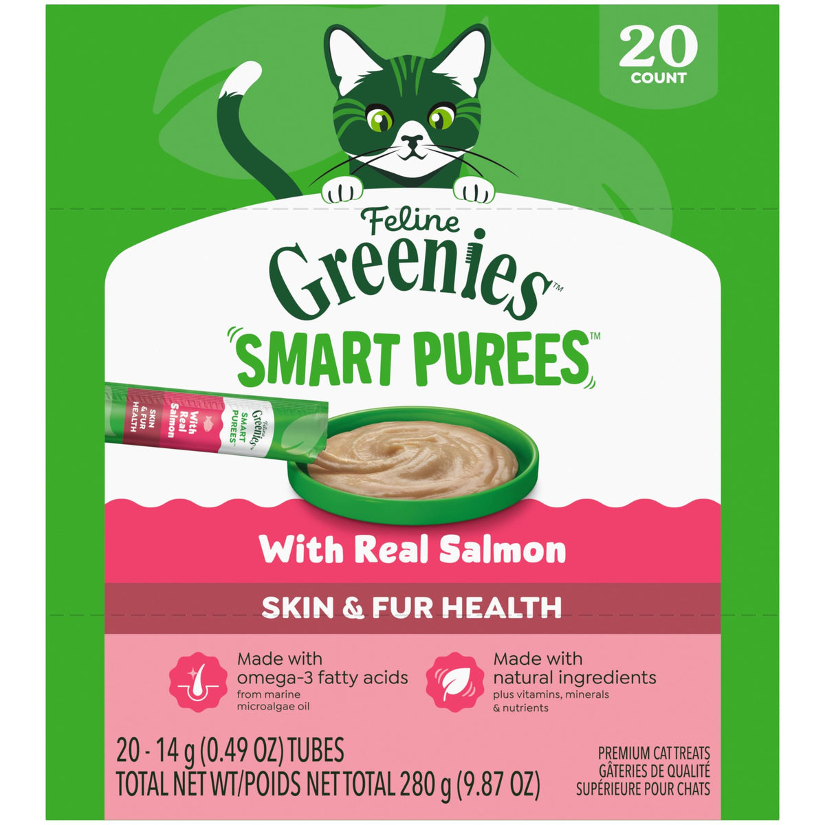 Greenies Feline Smart Purees tube packaging for skin and fur health support.