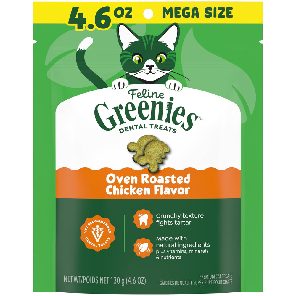 Greenies para gatos: empaque de 4.6 oz con sabor pollo asado para cuidado dental diario.