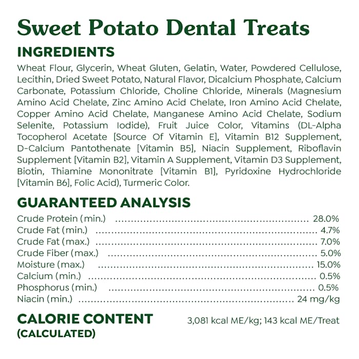Greenies con ingredientes naturales y minerales para la salud bucal.