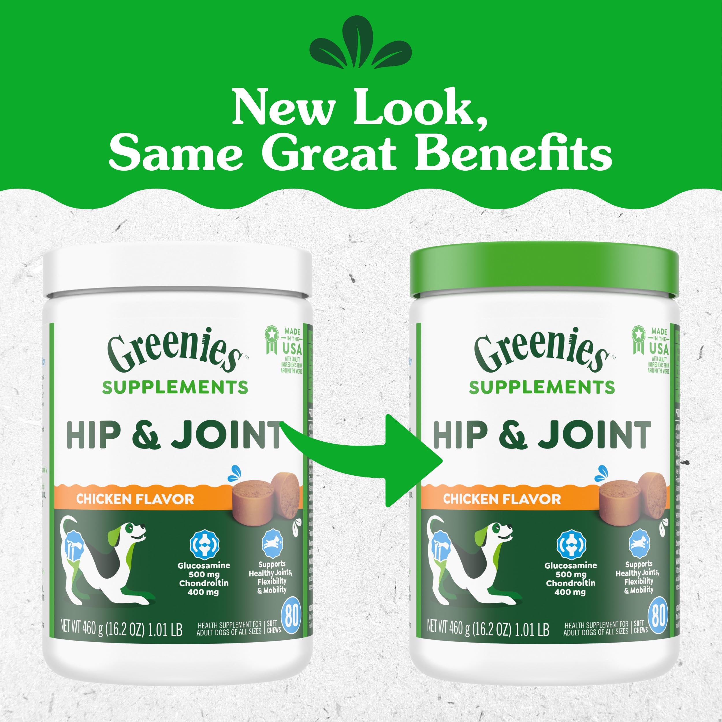 Greenies glucosamina y condroitina para apoyo articular en perros.