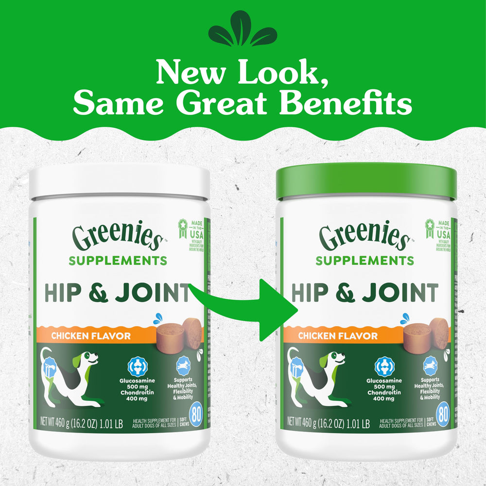 Greenies glucosamina y condroitina para apoyo articular en perros.