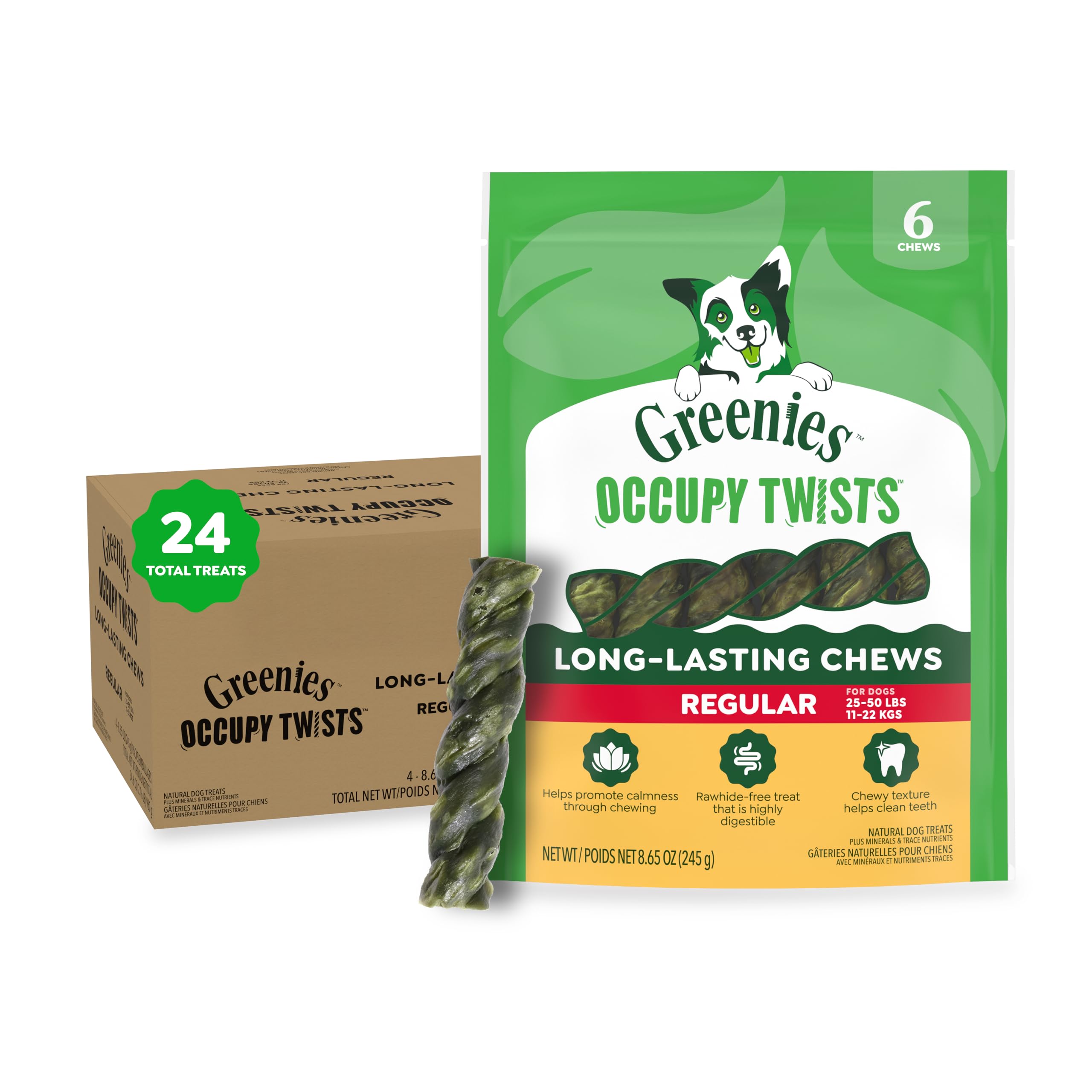 Greenies Occupy Twists: bastones masticables para perros, promueven calma durante la masticación.