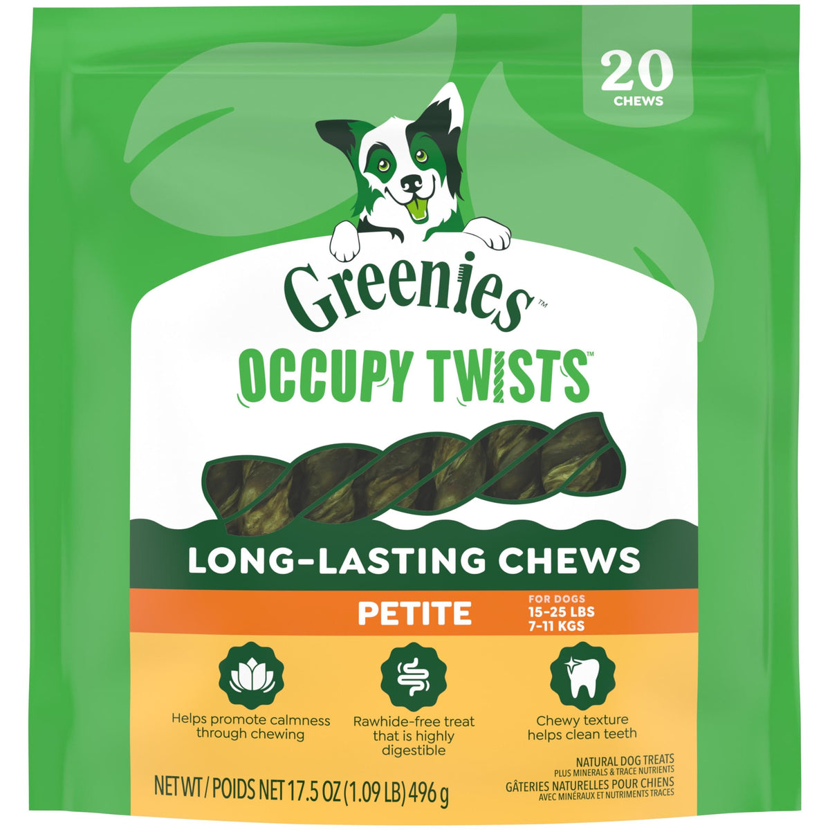 Greenies Occupy Twists empaque visible para perros ocupados.