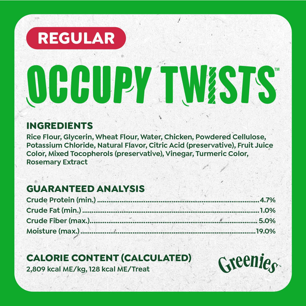Greenies Occupy Twists: ingredientes naturales con minerales para una experiencia segura.