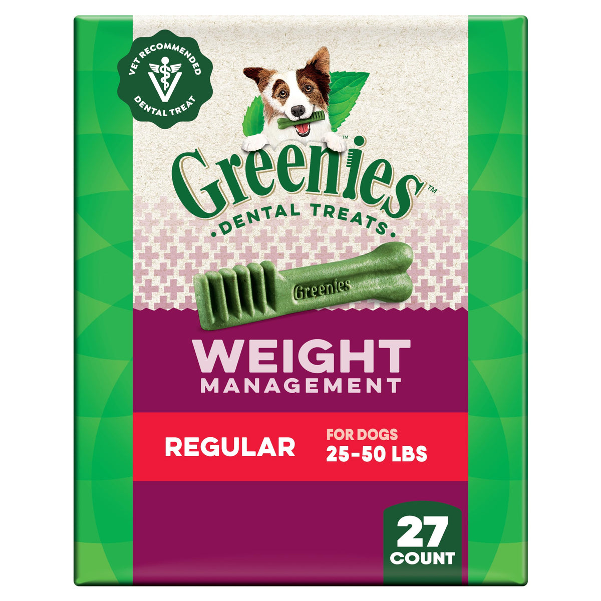 Greenies pack dental para perros adultos, empaque conveniente para uso diario.