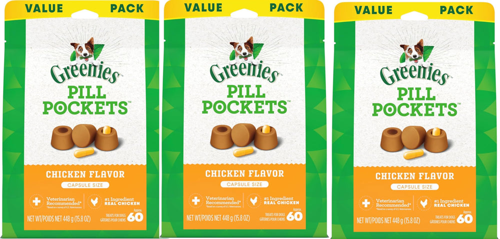 Greenies Pill Pockets bolsita de cápsula en mano, facilita la medicación del perro