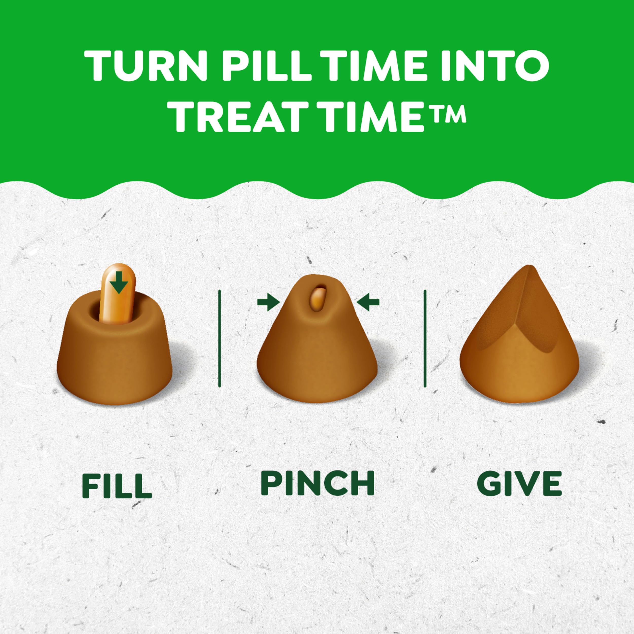Greenies Pill Pockets, cápsula dentro de la bolsita, toma rápida y fácil.