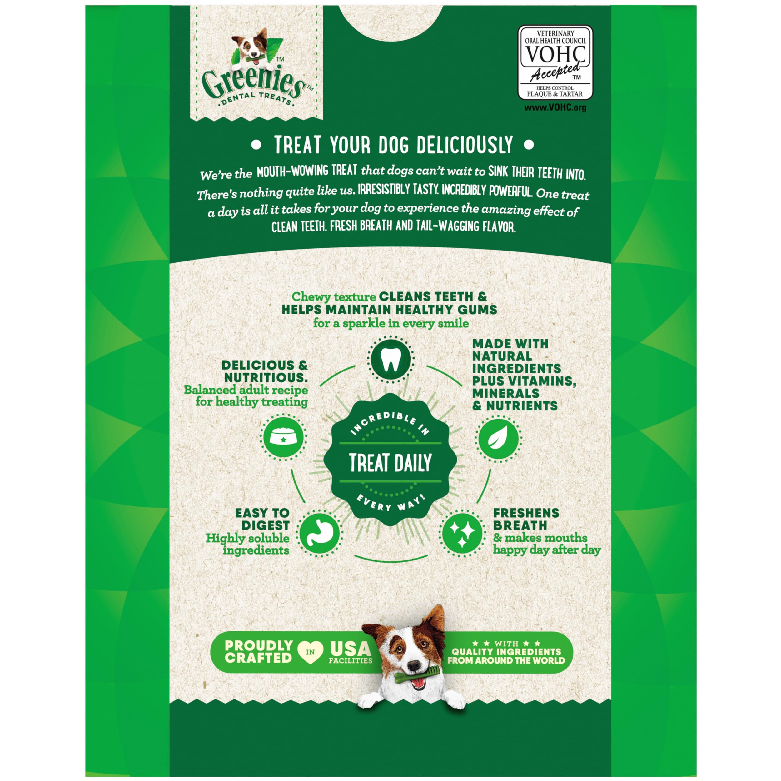Greenies reconocidas por veterinarios para cuidado oral diario.