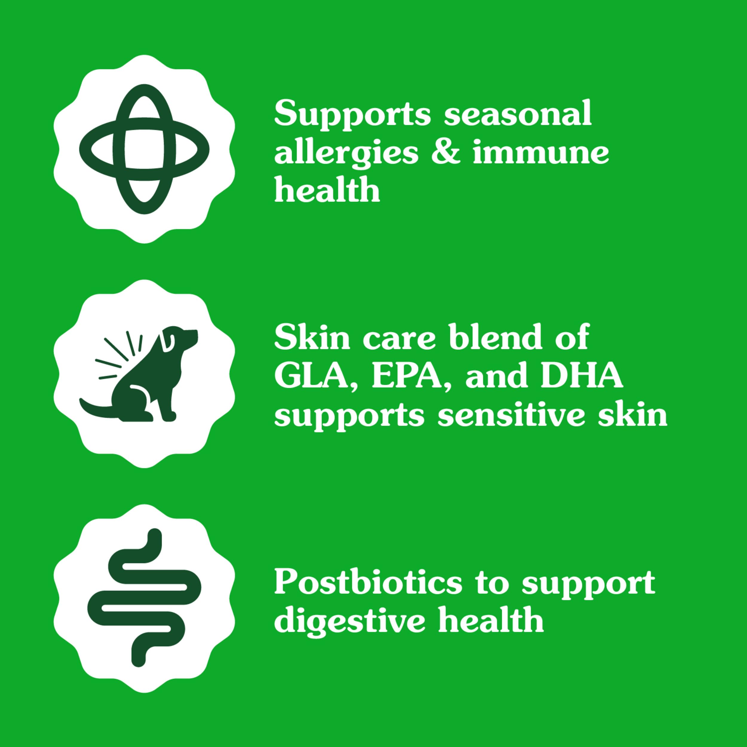 Greenies Sensitive Care: postbiotico levadura, apoyo digestivo.