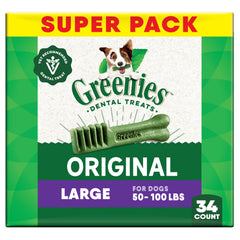 Greenies: frente del empaque con tratamiento dental para perro grande, apoyo al aliento fresco.