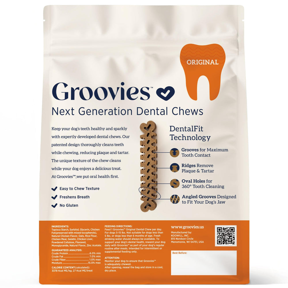Bocados dentales flexibles de Groovies para perros pequeños, masticación suave.
