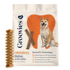 Groovies DentalFit rodea los dientes para una limpieza mecánica suave durante la masticación.