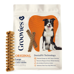 Groovies muestra surcos DentalFit para masticación eficiente y limpieza dental.