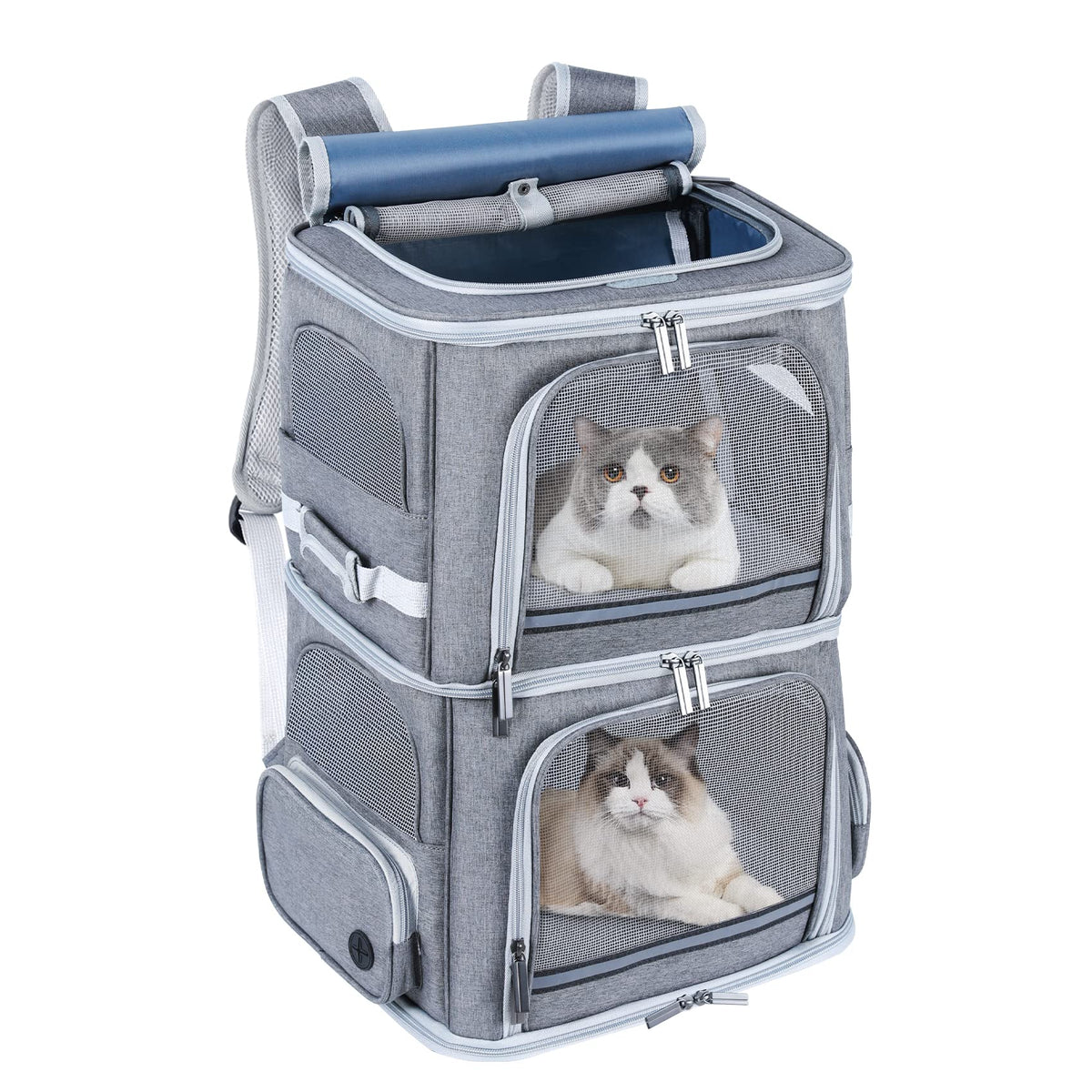 Groxkox portador doble para gatos, vista frontal, ideal para viajar con dos felinos.
