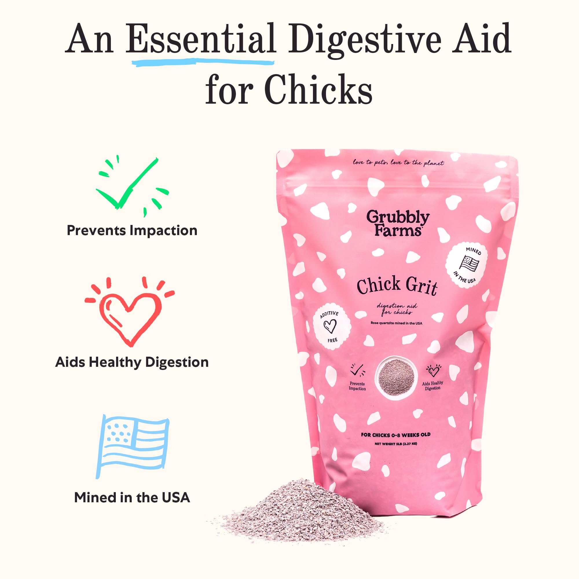 Grubbly Farms grit para aves juveniles, cuarzo rosa, duradero