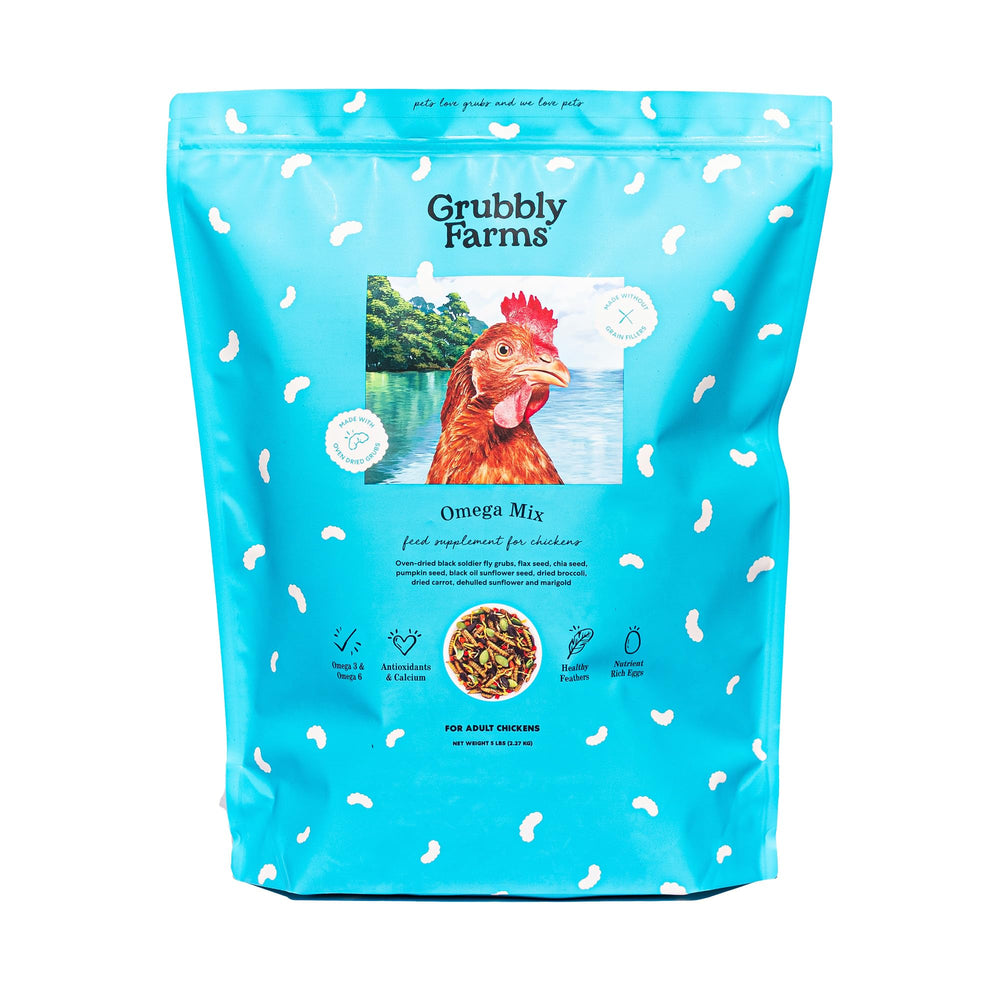 Grubbly Farms Omega Mix: envase frontal para gallinas ponedoras con Omega.