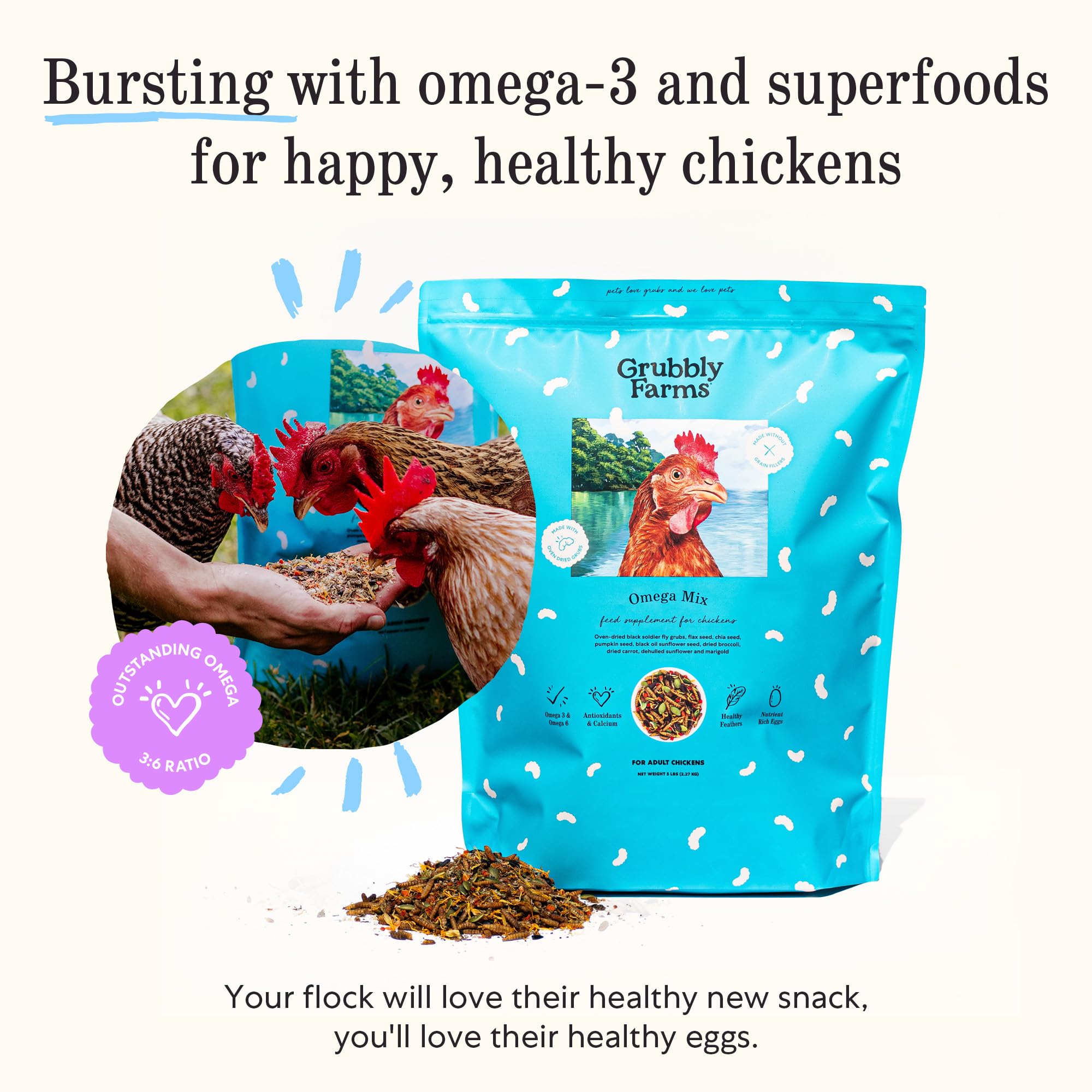 Grubbly Farms Omega Mix: grubs deshidratados para proteína de calidad diaria.