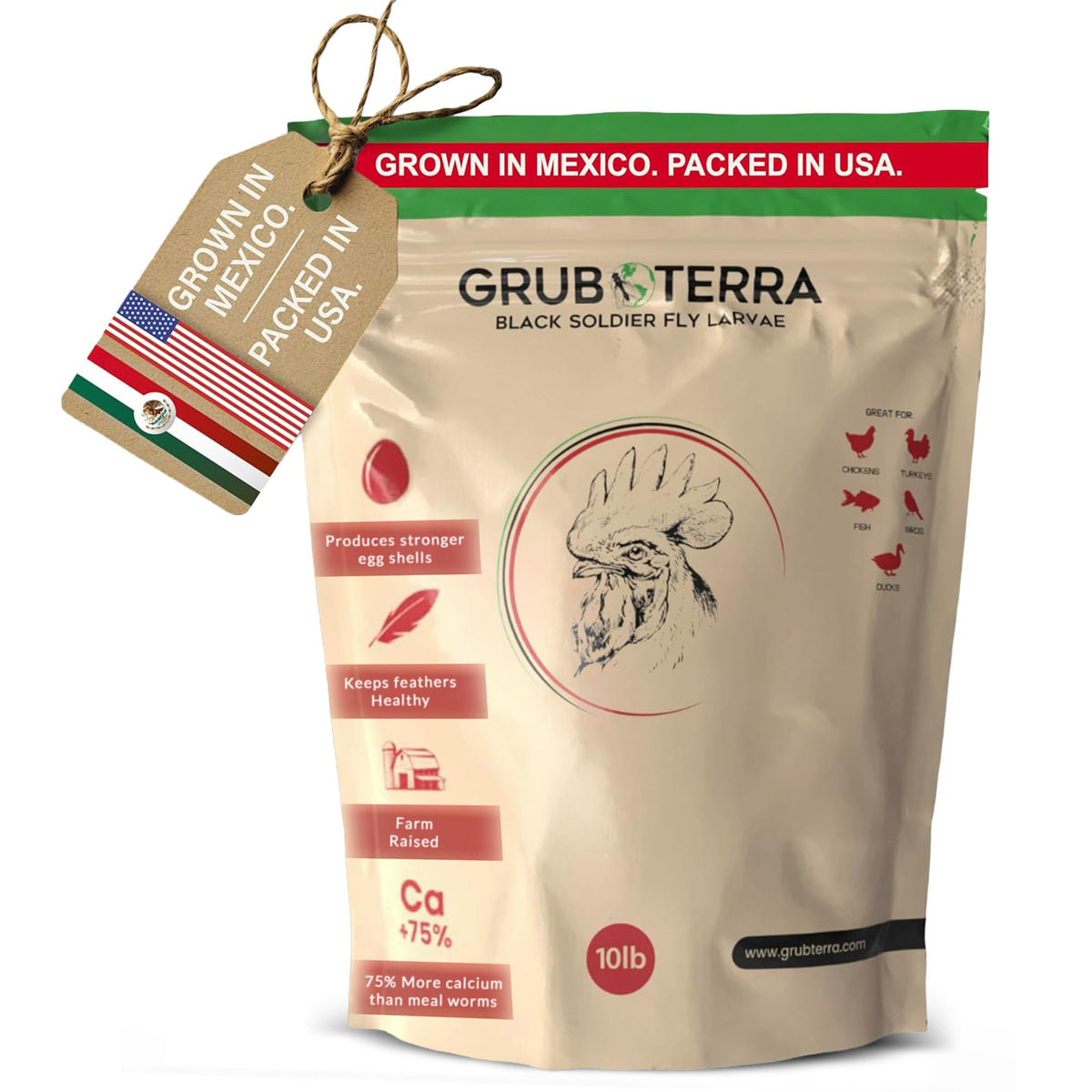GrubTerra larvas mosca soldado negra deshidratadas en bolsa, snack proteico para aves.
