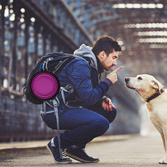 Guardians cuenco plegable para perro violeta en uso, perfecto para viajes ligeros