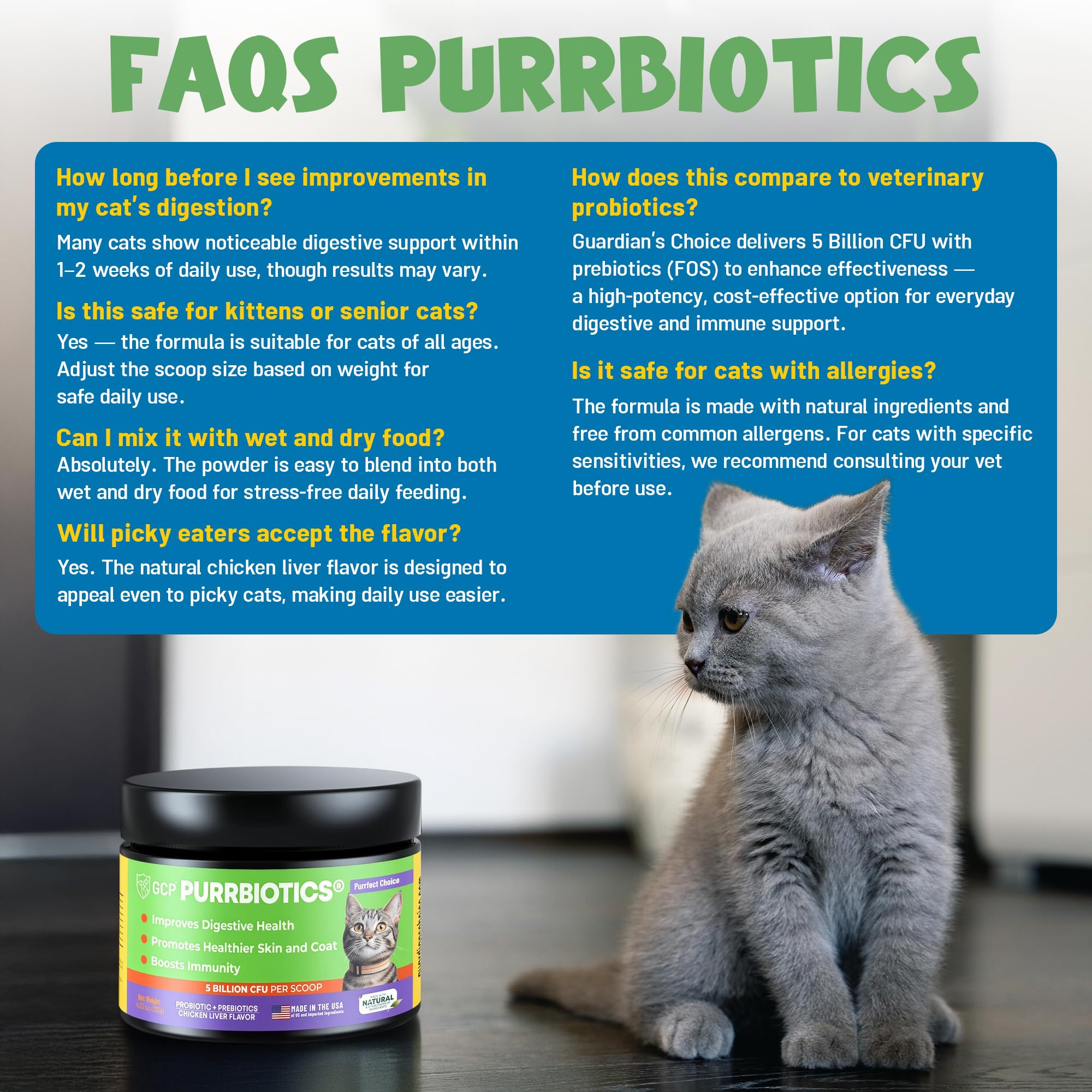Guardian's Choice Purrbiotics, soporte digestivo e inmunológico suave para gatos.