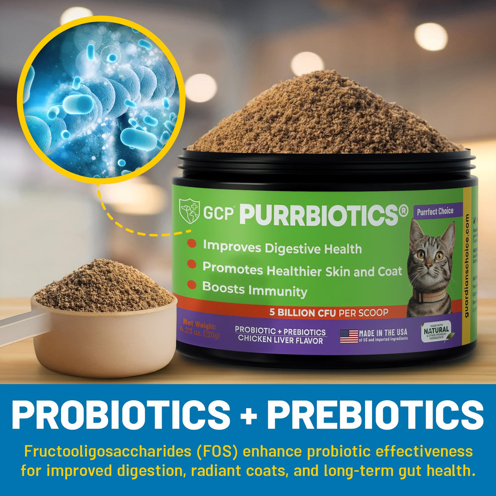 Guardian's Choice Purrbiotics, prebióticos y fibra para balance intestinal.
