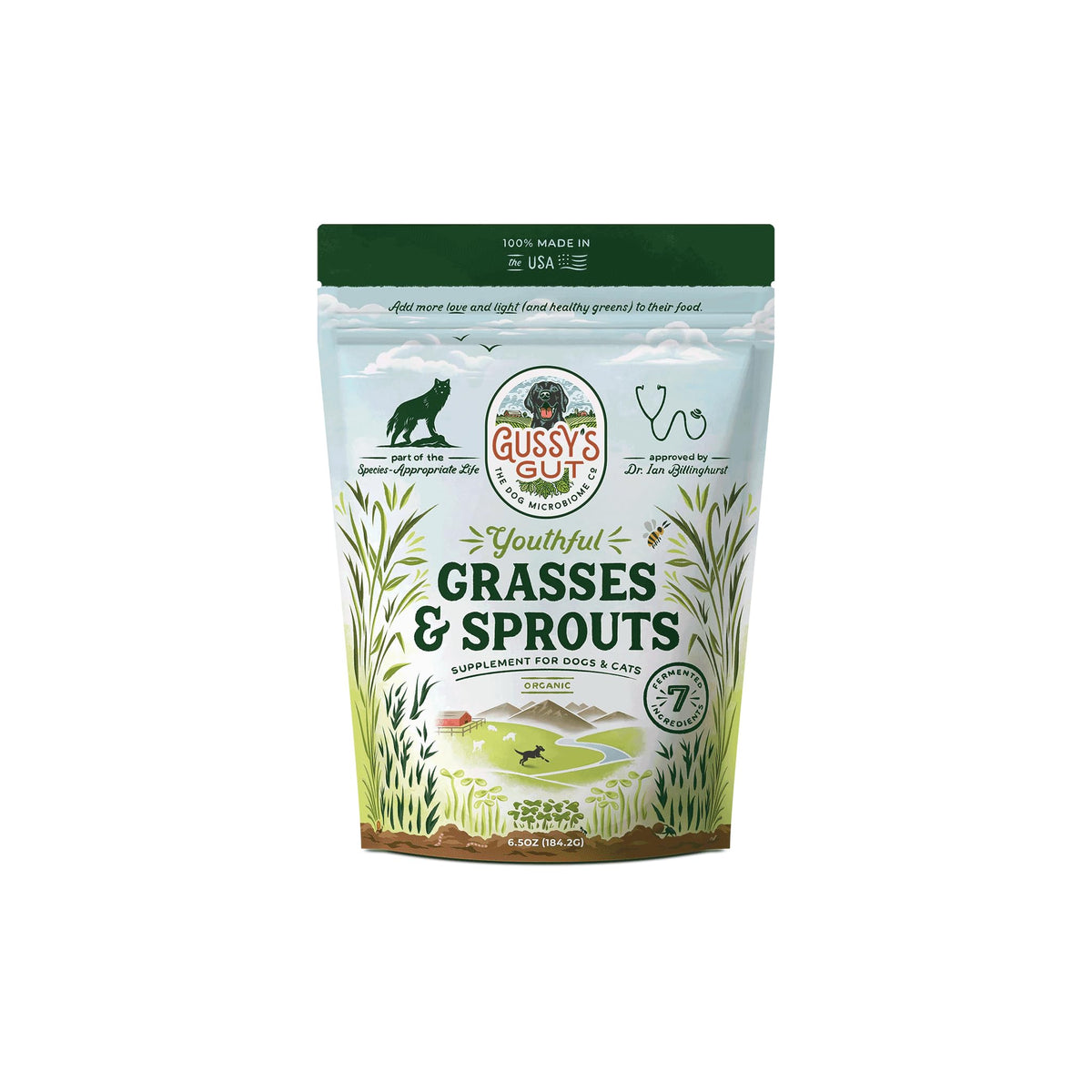 Gussy's Gut hierbas y brotes jóvenes: suplemento natural para apoyar la digestión diaria de tu perro.