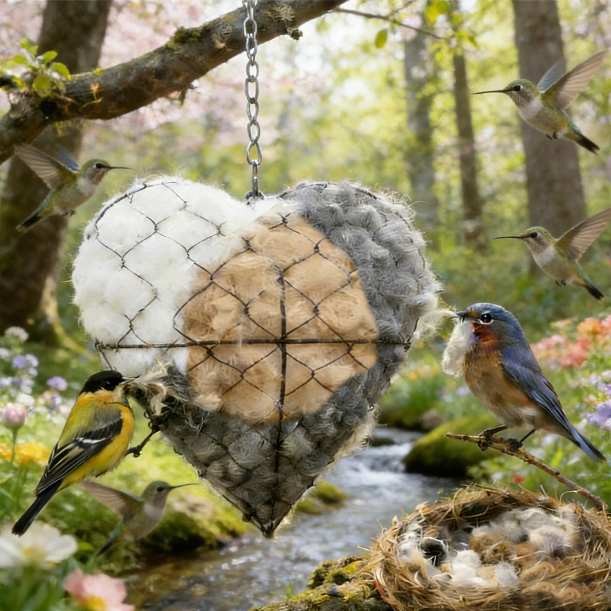 GYZOMKBIU Corazón nido de fibra artesanal, refugio cálido para aves en el jardín.