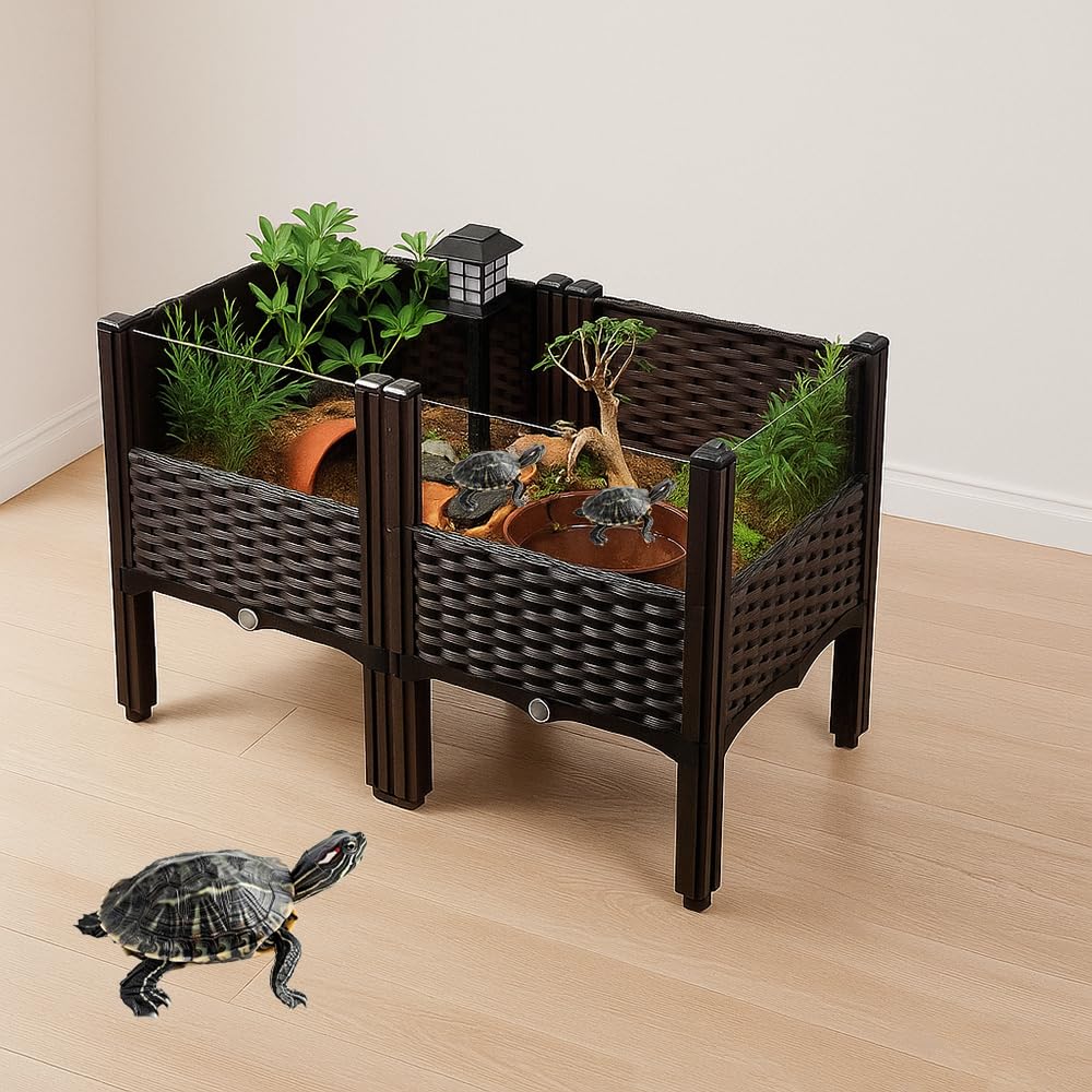 Caja de hábitat elevada para tortugas, diseño negro trenzado, ideal para crías y espacios reducidos.