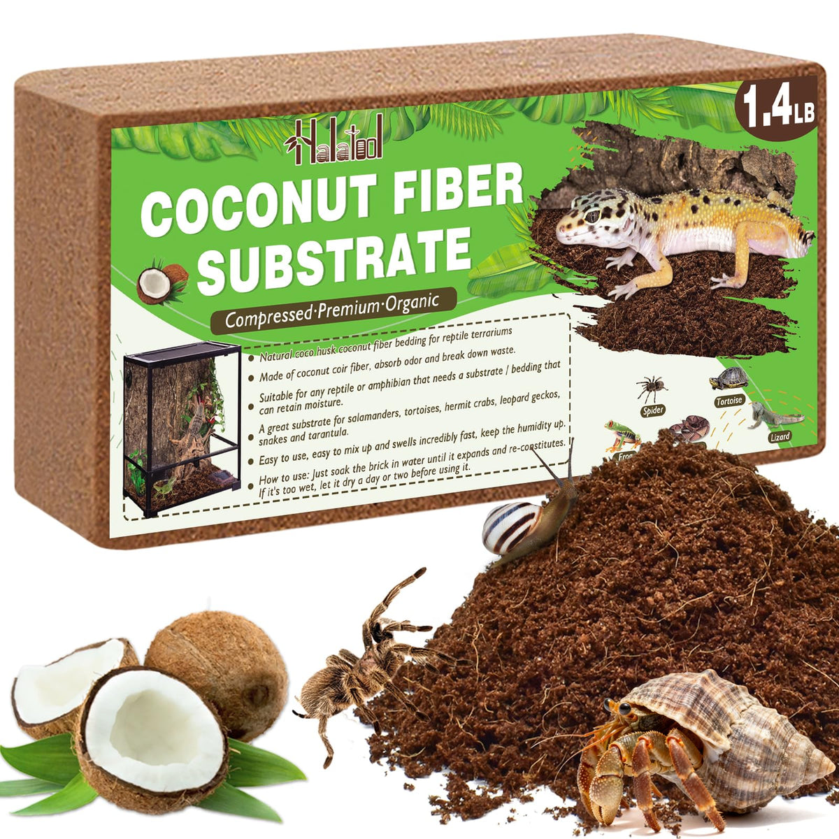 Halatool sustrato de coco compacto para terrarios con alta retención de humedad.