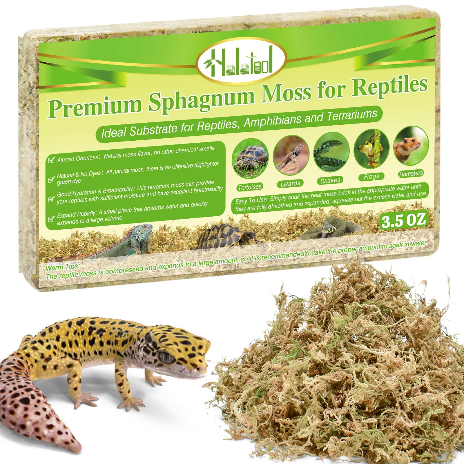 Halatool musgo sphagnum natural para reptiles, aporta humedad suave al terrario.