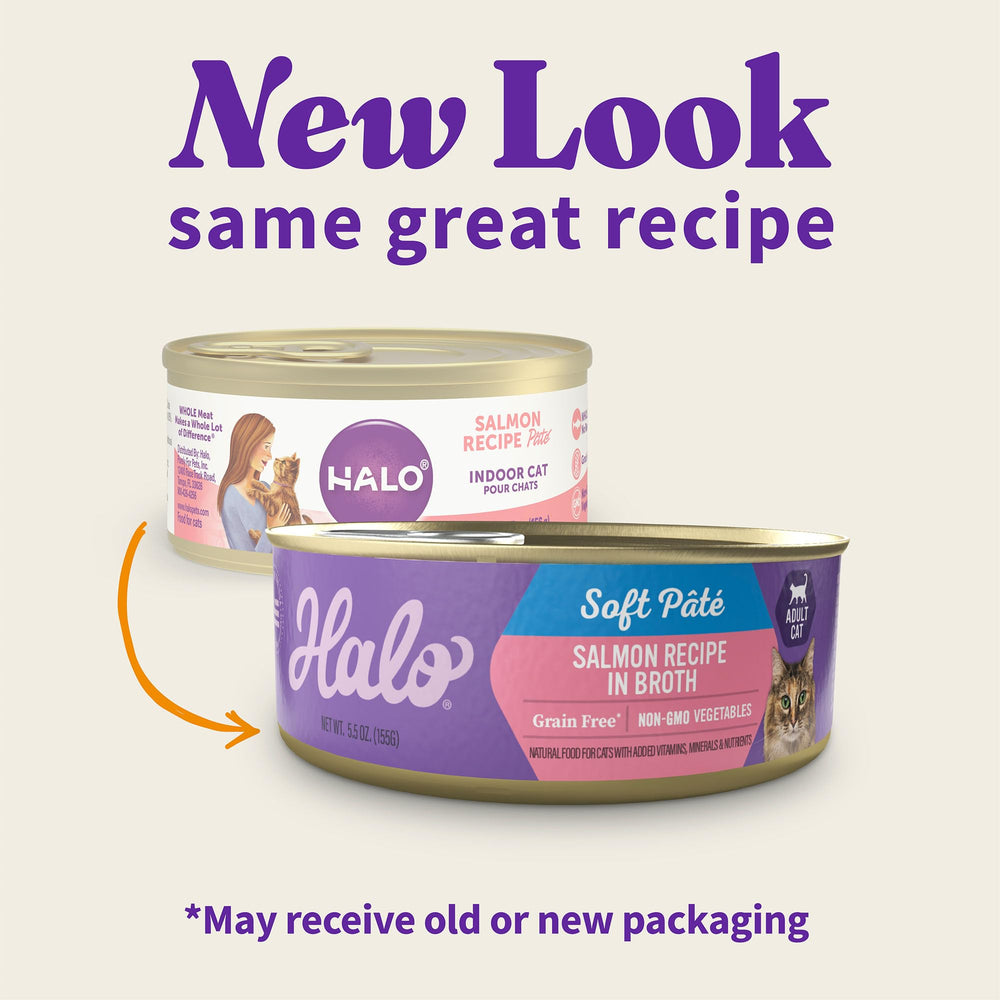 Halo paté húmedo de salmón, sin granos, excelente palatabilidad para gatos selectos.