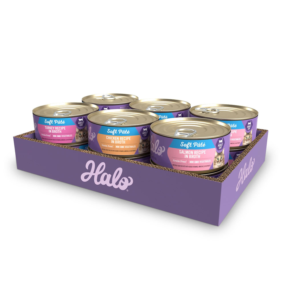 Halo pack de comida húmeda para gatos en paté, ideal como comida completa.