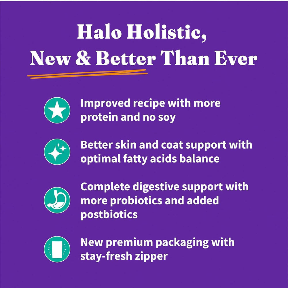 Halo bolsa de 21 lb facilita la alimentación diaria.