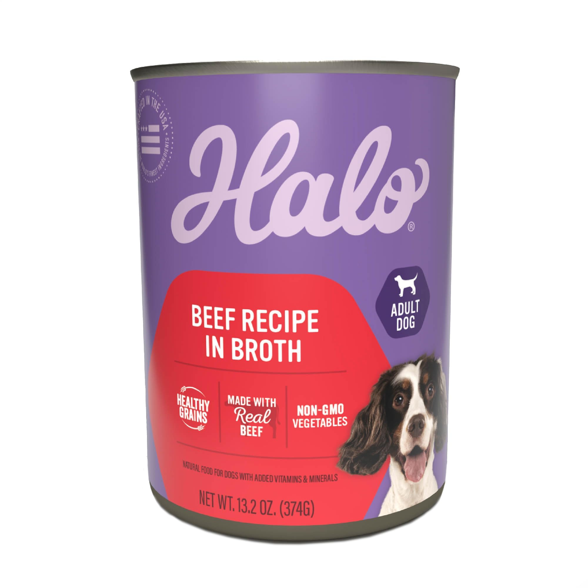 Halo comida húmeda para perros, carne en caldo, ideal como comida completa.