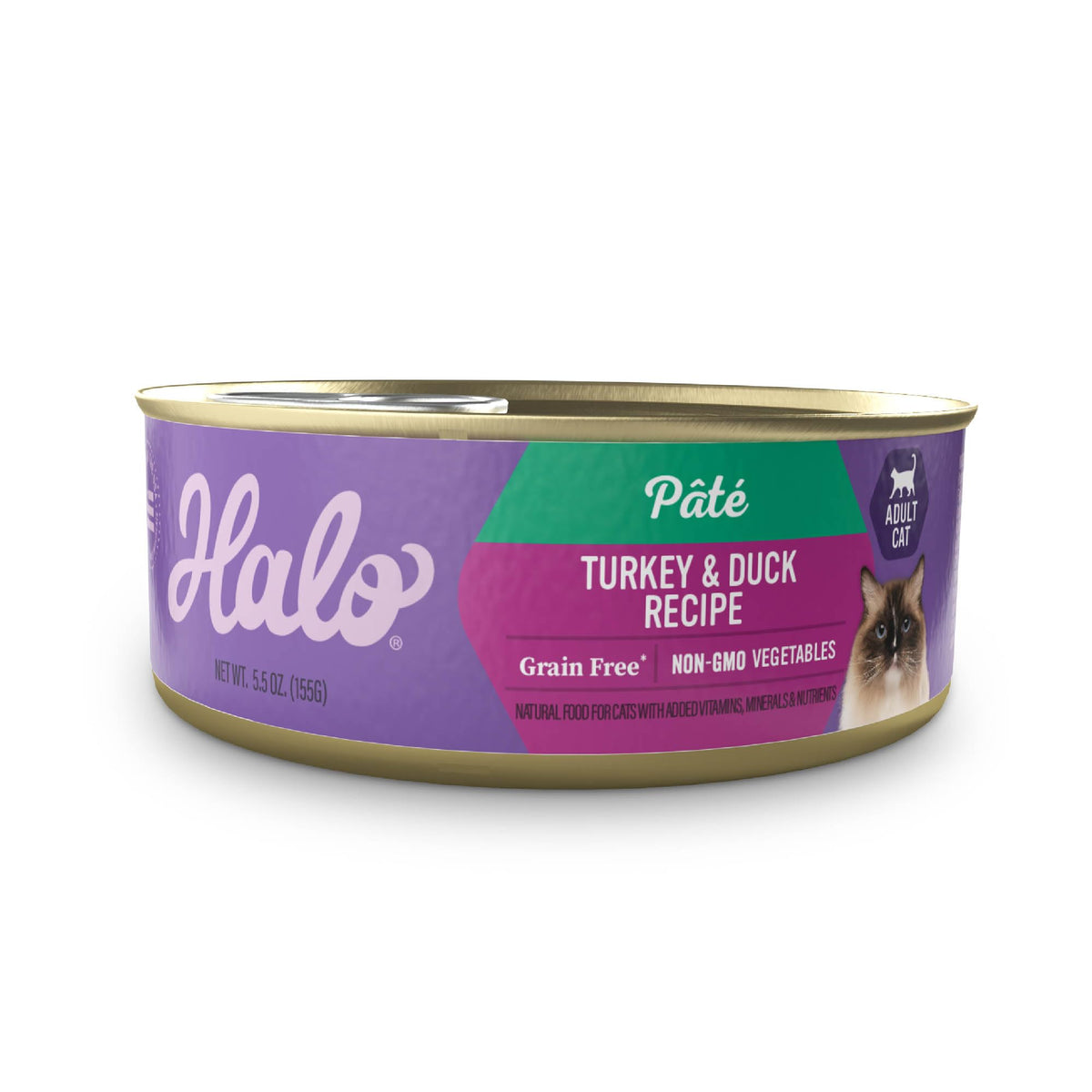 Halo Gato turquía y pato en lata, textura suave y mayor hidratación para degustación.