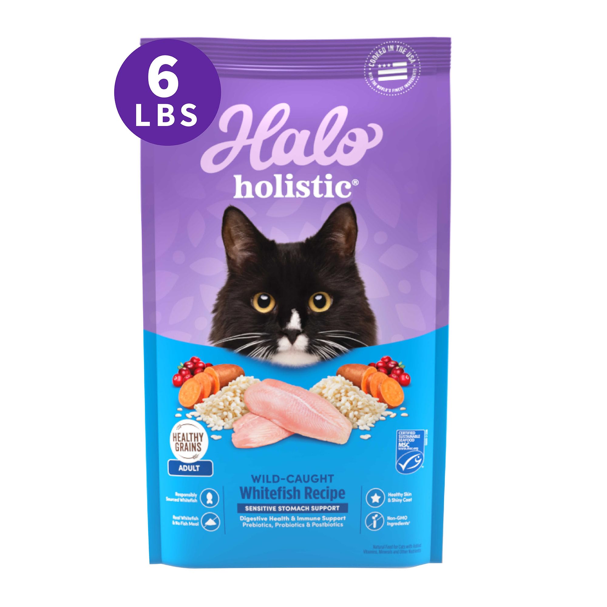 Halo Holistic alimento seco para gato con pescado blanco como primer ingrediente.