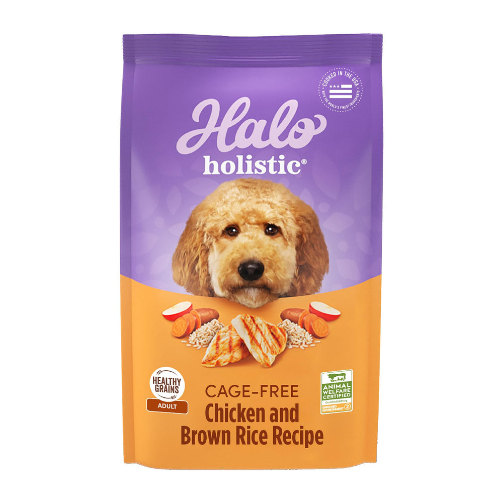 Halo Holistic pollo sin jaula con arroz marrón; croquetas para apoyar la digestión.