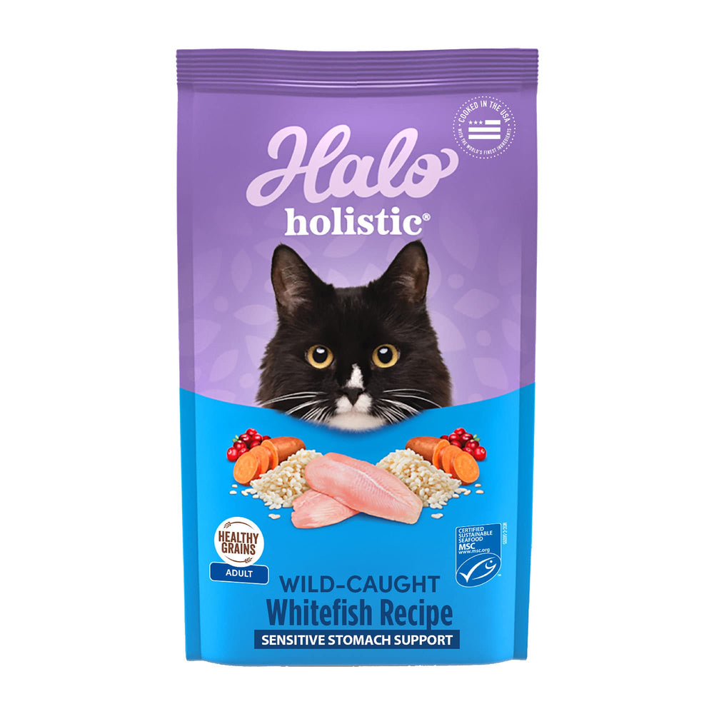 Halo Holistico Gato Trucha Salvaje: envase frontal que destaca la proteína real para energia diaria