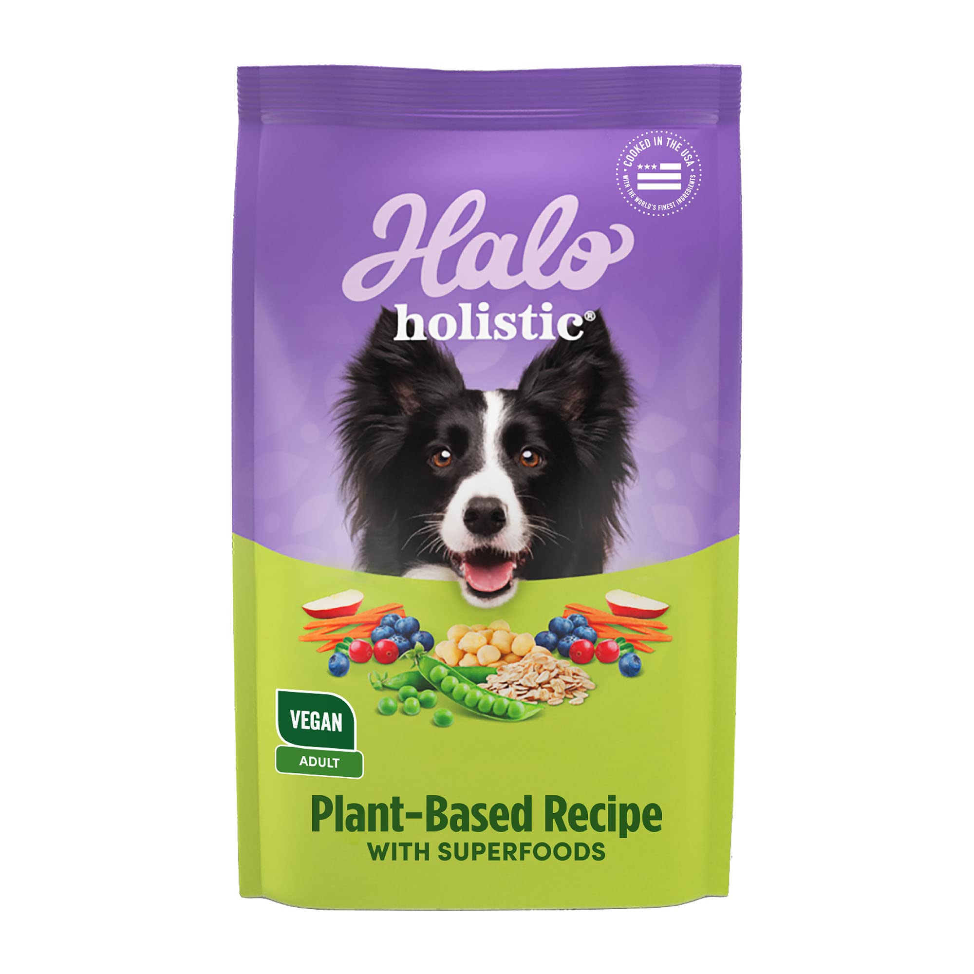 Halo Holístico Receta Vegana para Perro Adulto, empaque visible y nutrición integral.