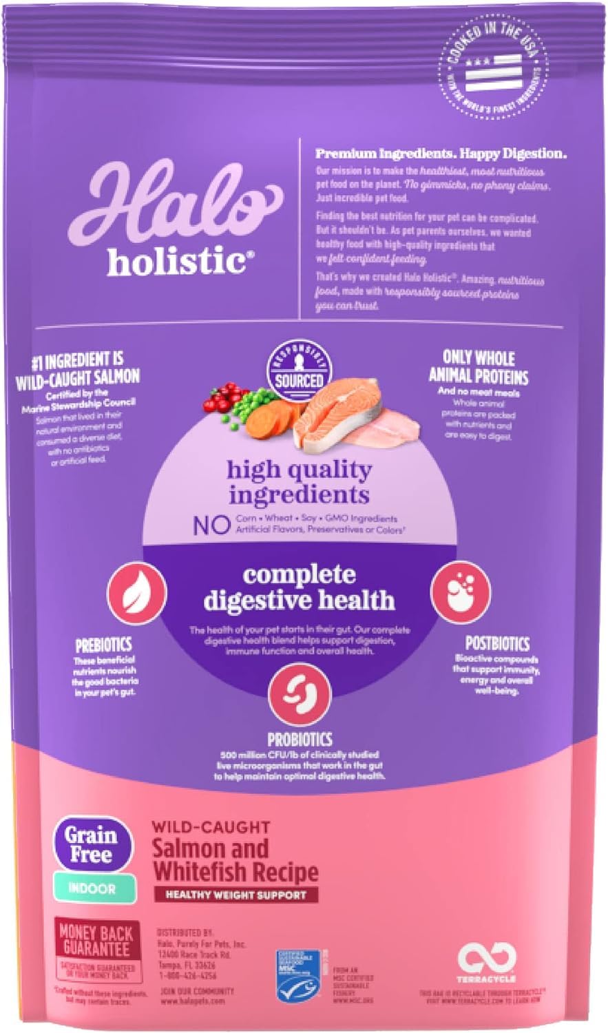 Halo Holistic sin granos mejora la dieta de gatos de interior.