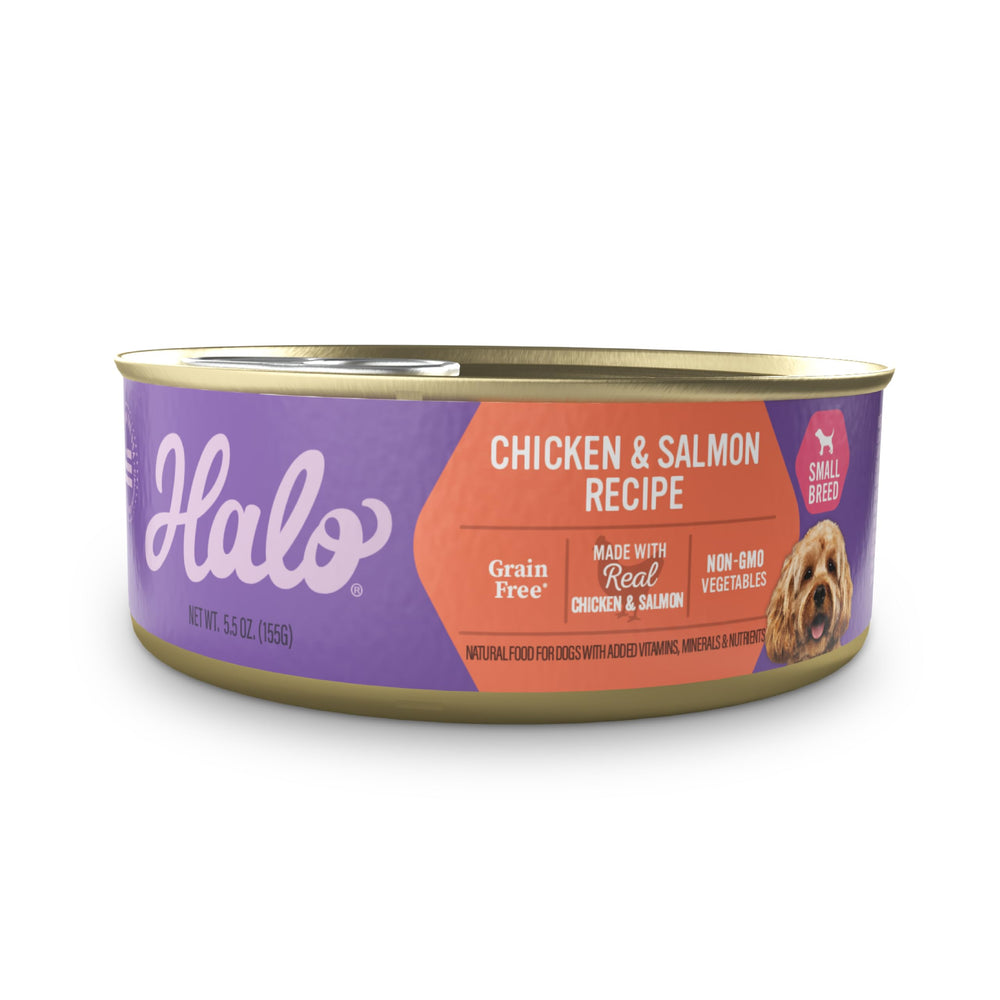 Halo, lata húmeda para razas pequeñas con pollo y salmón, sabrosa y fácil de digerir.