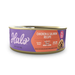 Halo, lata húmeda para razas pequeñas con pollo y salmón, sabrosa y fácil de digerir.