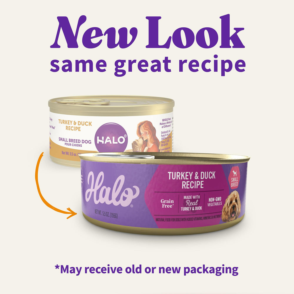 Halo comida húmeda para perros pequeños, textura suave con pavo y pato.