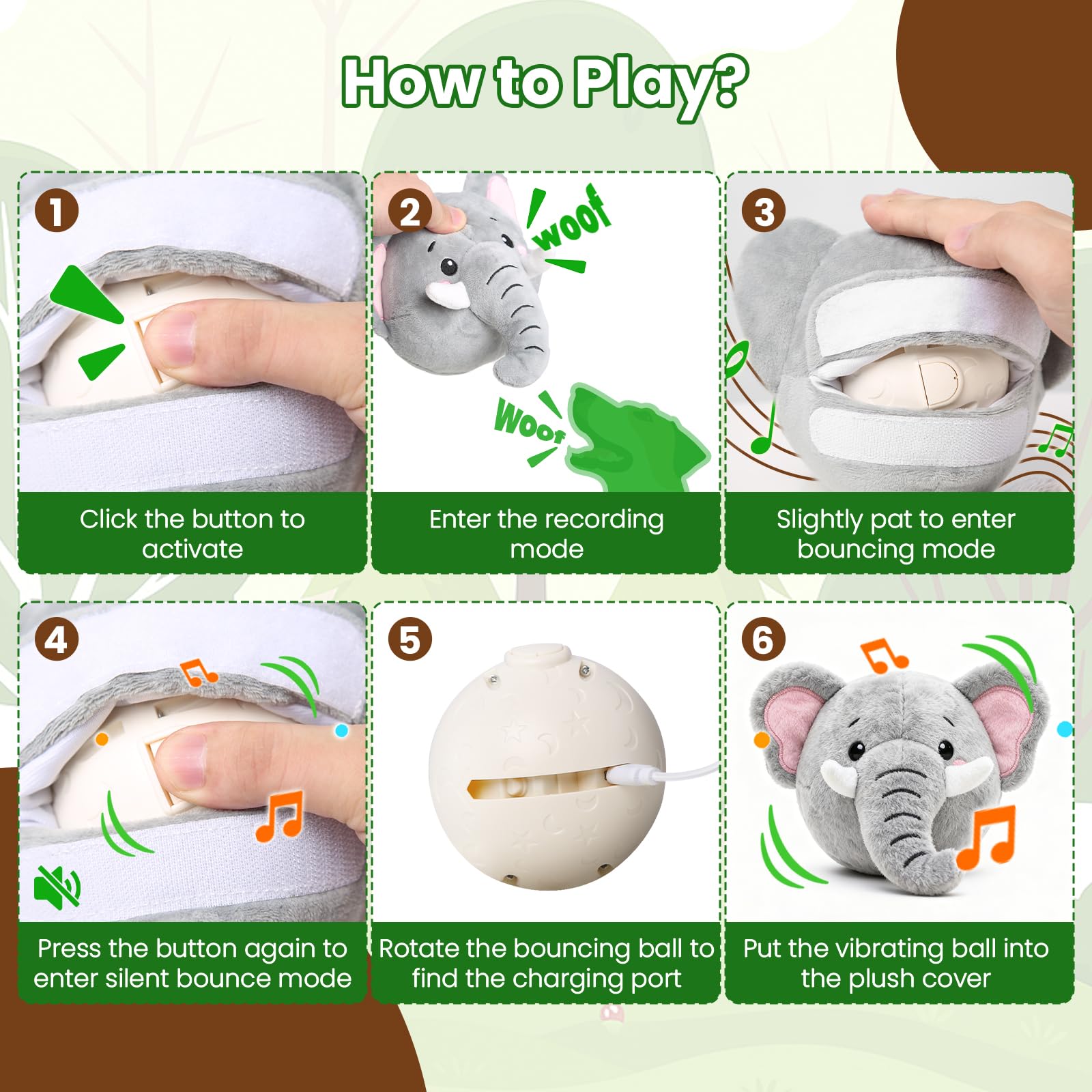 Hanarook Juguete interactivo para perros elefante, crujidos y música para perseguir.