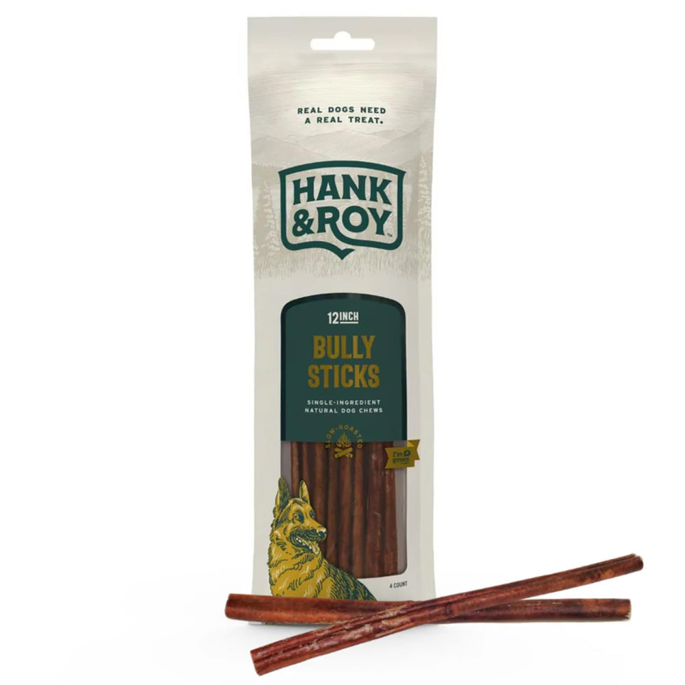 Hank & Roy palitos bully de 12 pulgadas en pack de 4, entretenimiento duradero para perros.