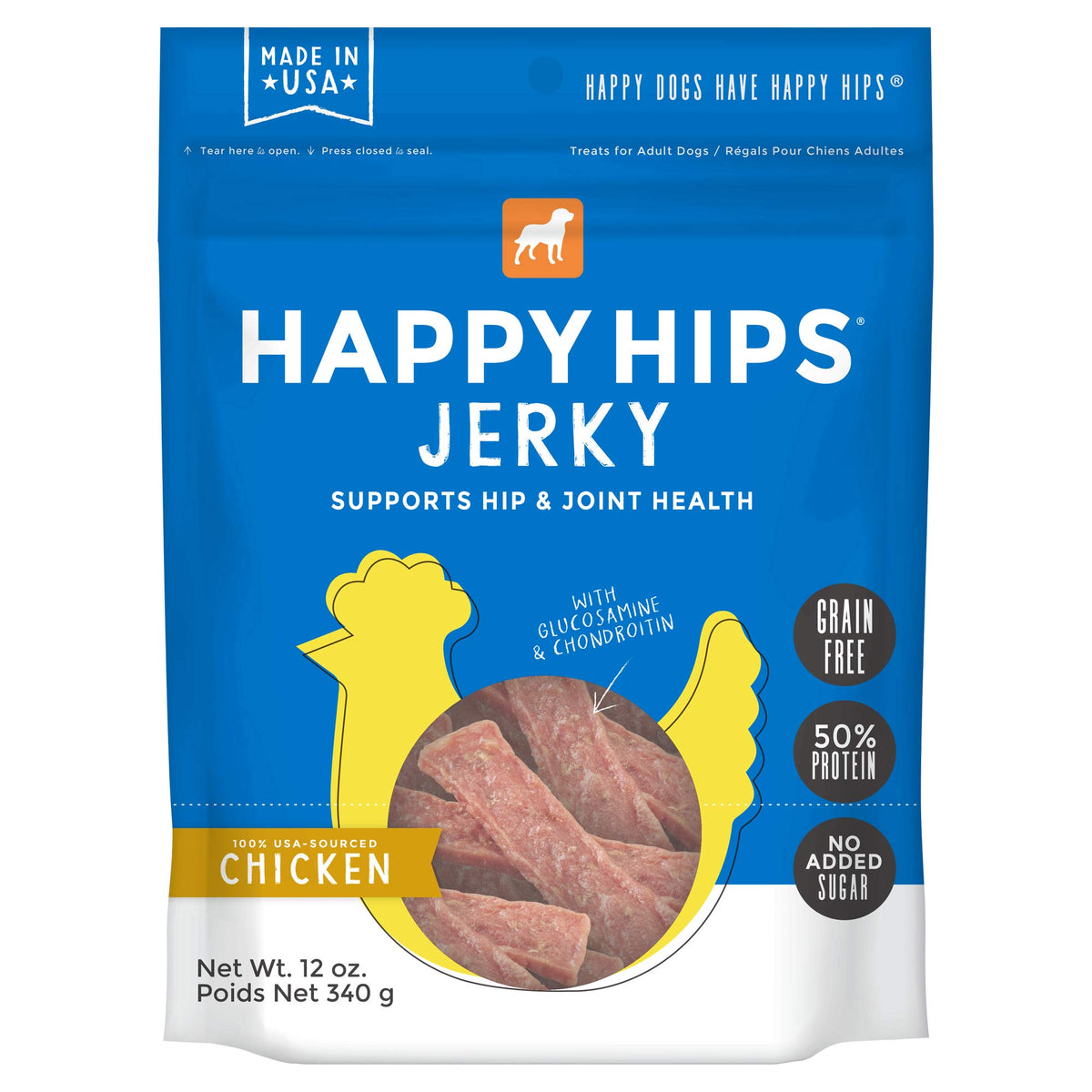 Happy Hips Sachet poulet 340 g, texture tendre idéale pour récompenser votre chien actif.
