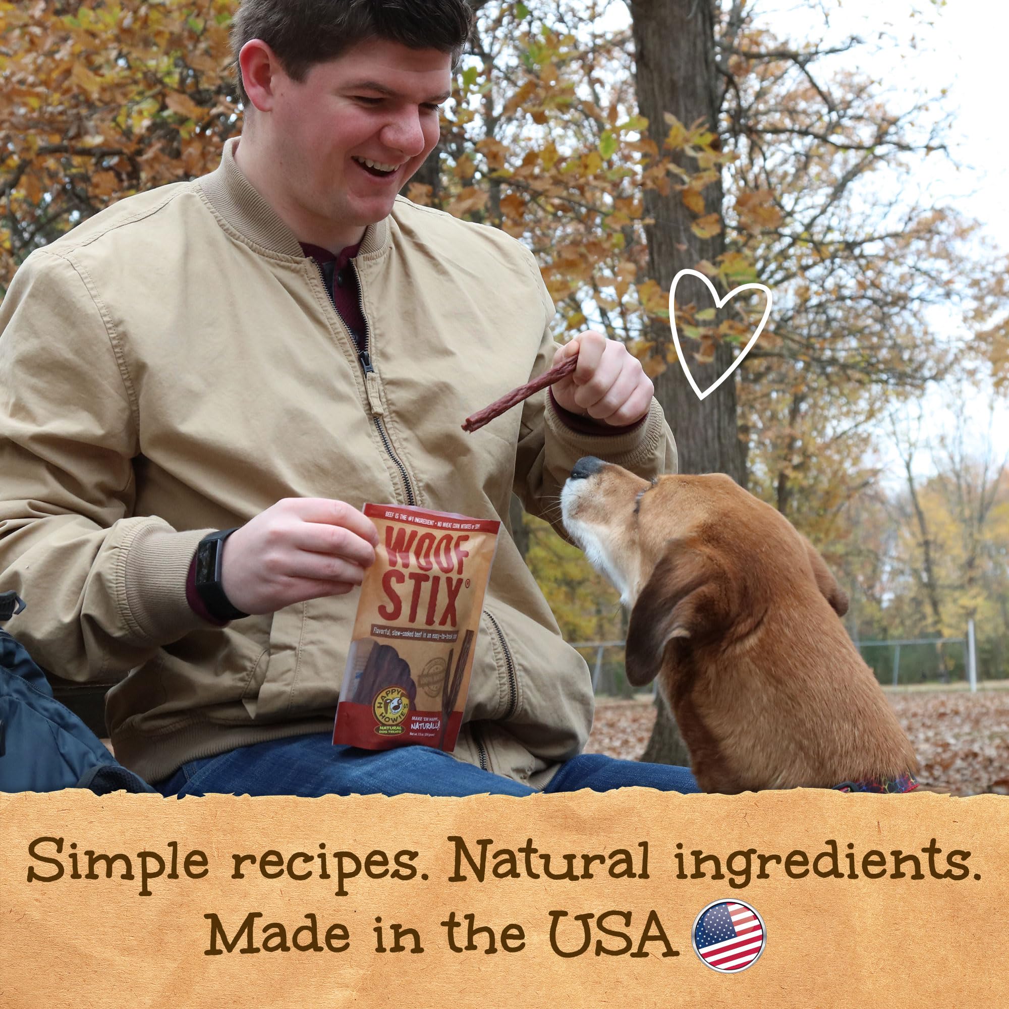 Happy Howie's Woof Stix, elaborado en Detroit, EE. UU. con ingredientes de calidad.