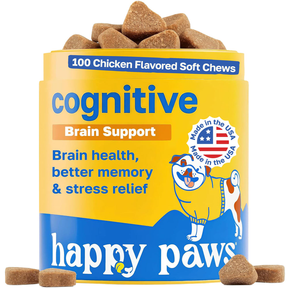 Happy Paws: empaque cognitivo para perros, listo para apoyar la concentración diaria.