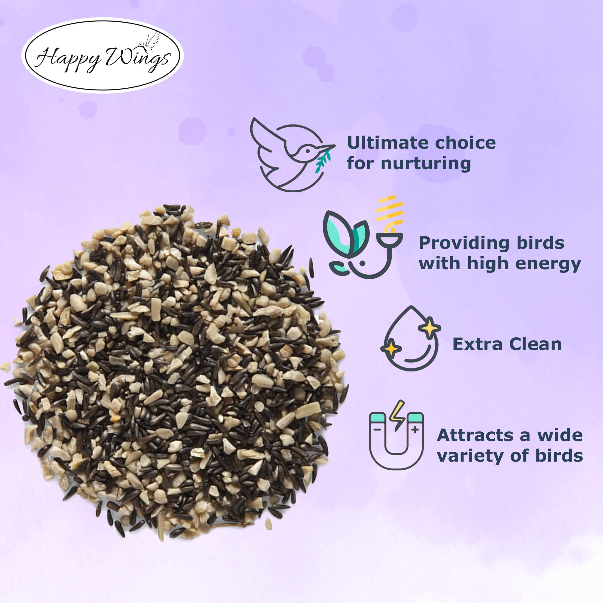 Corazones de girasol en Happy Wings Finch Blend para aves pequeñas.