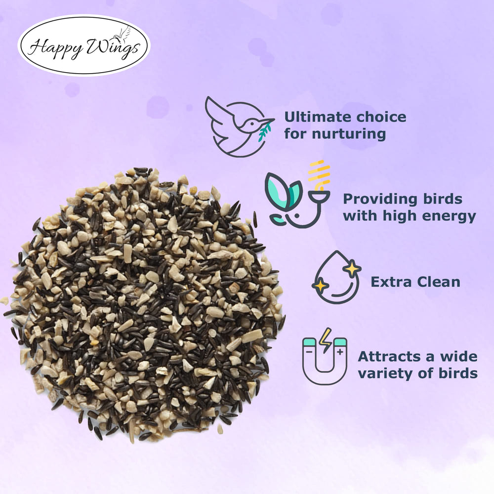 Corazones de girasol en Happy Wings Finch Blend para aves pequeñas.